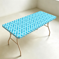 Nappe jetable rectangulaire imperméable en PEVA à bords élastiques, motif diamant bleu ciel et blanc, pour événements (vente en gros)