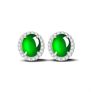 Pendiente ovalado de esmeralda natural en forma de huevo, color verde sol, hecho de jade de grado hielo. Conjunto con plata S925. Joyería para las orejas de mujer. - Product Image 1