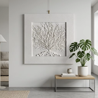 Peinture 3D en grès faite à la main, art mural en relief d'arbre blanc avec base en galets, cadre en boîte à ombre, décoration intérieure