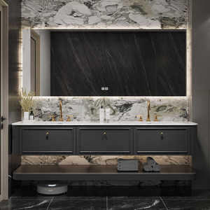 Modern Solid Stone Slab Seamless Integrated Basin Smart <b>Mirror</b> Solid Wood Lacquered Melamine Board Bathroom Cabinet - Product Image 2