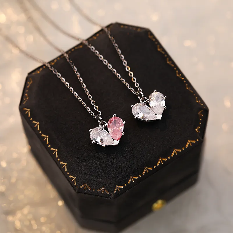 Летнее 925 стерлингового серебра Белый cz бриллиантовые модные ожерелья половина розового сердца кулон ожерелье ювелирные изделия для женщин