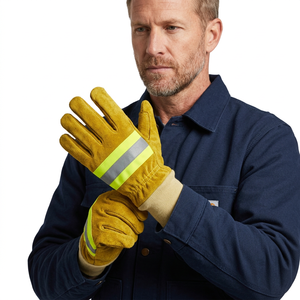 Fire Fighting Safety <b>Gloves</b> Leather <b>Knit</b> Wrist Reflective Stripe Abrasion Resistant Smooth Texture - Product Image 5