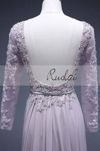 RUOLAI PEV-L3014 özel dantel Rhinestone aplike ile kemer uzun kollu tül elbise mor abiye uzun - Product Image 6