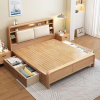 Lit en bois massif moderne et minimaliste avec tête de lit de rangement et tiroirs latéraux, cadre de lit en bois de style nordique avec vérin à gaz pour chambre à coucher