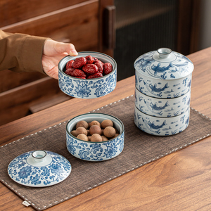 Traditional Chinese Style Blue &amp; White Porcelain Fruit Veggie &amp; <strong>Condiment</strong> Nut Caddy with Lid Snacks Organiser for Household Use - Product Image 2
