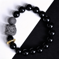 Bracelet en obsidienne noire naturelle, style chinois, avec perles en obsidienne argentée motif Danse du Lion – Offre Spéciale