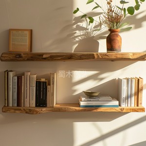 Étagère flottante en bois massif sur mesure avec bord naturel |   Étagère murale pour <span class=keywords><strong>CD</strong></span> et livres, présentoir irrégulier pour salon rétro - Product Image 1