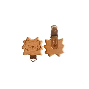 Clip per ciuccio in faggio animale leone clip per ciuccio in legno per bambini con logo