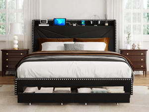 <span class=keywords><strong>Letto</strong></span> Moderno Imbottito Nero con Luci LED, Cassetti Contenitore e Mensola sulla <span class=keywords><strong>Testiera</strong></span> per Camera da <span class=keywords><strong>Letto</strong></span> - Product Image 1