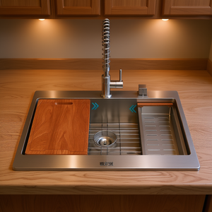 Évier de cuisine encastrable à cuve unique 33x22 pouces en acier inoxydable de calibre 16, surface brossée, poste de travail multifonctionnel - Product Image 2