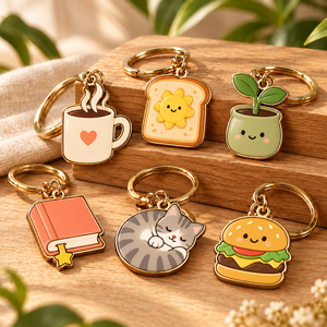 Llavero de metal esmaltado personalizado con diseños de estilo de vida, dibujos animados, taza, tostada, planta, gato, hamburguesa, regalo, amuleto, OEM ODM - Product Image 1