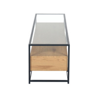 Table basse de salon en verre trempé au design épuré, avec structure en métal noir et rangement en bois, mobilier d'intérieur