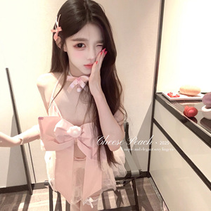 ชุดชั้นในเซ็กซี่สามชิ้นสีชมพู โบว์น่ารัก บริสุทธิ์และเย้ายวน ผ้าตาข่ายซีทรูแบบต่อผ้า ชุดแบบไม่ต้องถอด ทิคต็อกมันเทศ - Product Image 3
