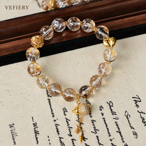 Pulsera de Cuarzo Transparente con Cuentas, Inclusiones de Lámina de Oro y Colgante de Pez - Product Image 4
