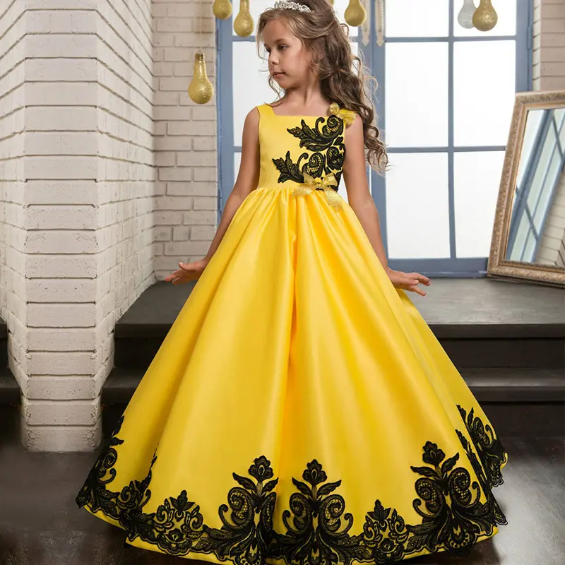 فستان البنات الصغيرات, فستان البنات الصغيرات المزين بالأزهار المزركشة باللون الأصفر مناسب للحفلات حتى 5-15 عامًا