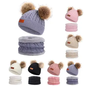 B1221 Baby Peuter Mutsen 2 Stuks 0-10 Jaar Knit Cap Bib Nieuwe Winter Warm Knit Pompom Beanie Sjaal hoed Sets Voor Kids