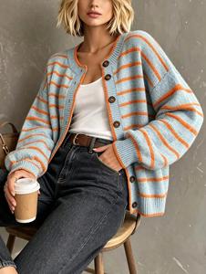 Women's Striped <b>Cardigan</b> Sweaters Casual Button Down Crewneck Long Sleeve Knit Outerwear <b>Coat</b> - Product Image 3