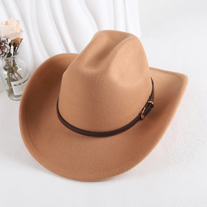 Chapeau de cowboy ZhenXi M56-58cm en feutre uni avec bande en cuir, style western - Product Image 1