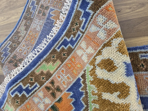 Tapis de salon bleu tribal noué à la main 8x10 • Tapis oriental en laine 9x12 • Tapis géométrique - Product Image 4