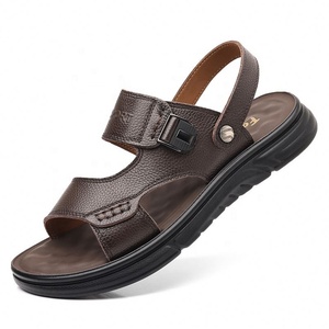 Sandales en cuir véritable pour hommes, à bout ouvert, semelle extérieure en EVA, à enfiler, chaussures d'été, motif léopard, résistantes aux chocs, confortables pour papa - Product Image 5