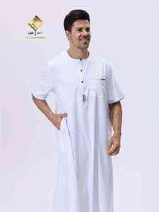 Al Haramain <b>Men's</b> Cotton <b>Thobe</b> Round Neck Short Sleeve Ankle Length Solid Color Loose Fit Modest Prayer Robe - Product Image 3