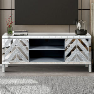 Mirrored TV <b>Stand</b> 65+ Inch Silver Console Table M Shape Sparkling <b>Mirror</b> Open Storage with 2 Cabinets - Product Image 3