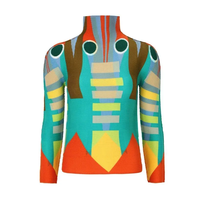 Pleated Womens T-shirt Stand Collar Multicolor Print Long Sleeve Geometric Casual blouse T Shirt