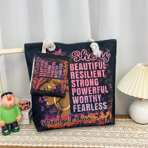 กระเป๋าสะพายไหล่ กระเป๋าช้อปปิ้งขนาดใหญ่แบบใช้ซ้ำได้สำหรับสุภาพสตรี กระเป๋าถือผ้าแคนวาสหนาสำหรับผู้หญิง กระเป๋าเก็บของแบบพกพา ชุด 2 ชิ้น - Product Image 2