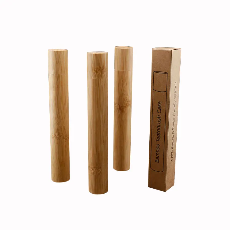 Private Label Eco Wood Storage Case Cute Round Children / Adult Toothbrush Cylinder Holder Natural Bamboo Pot