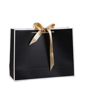 Bolsas de papel Premium con asa de cinta para compras de Lujo Grandes negras impresas con logotipo privado personalizado