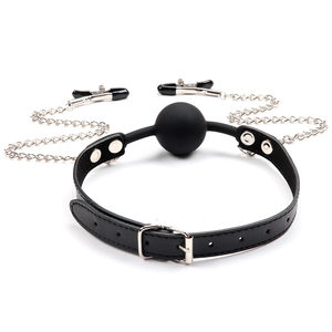 Imbracatura in Pelle PU con Morso in Silicone e Catena, Morsetti per Capezzoli, Prodotti BDSM SM - Product Image 4