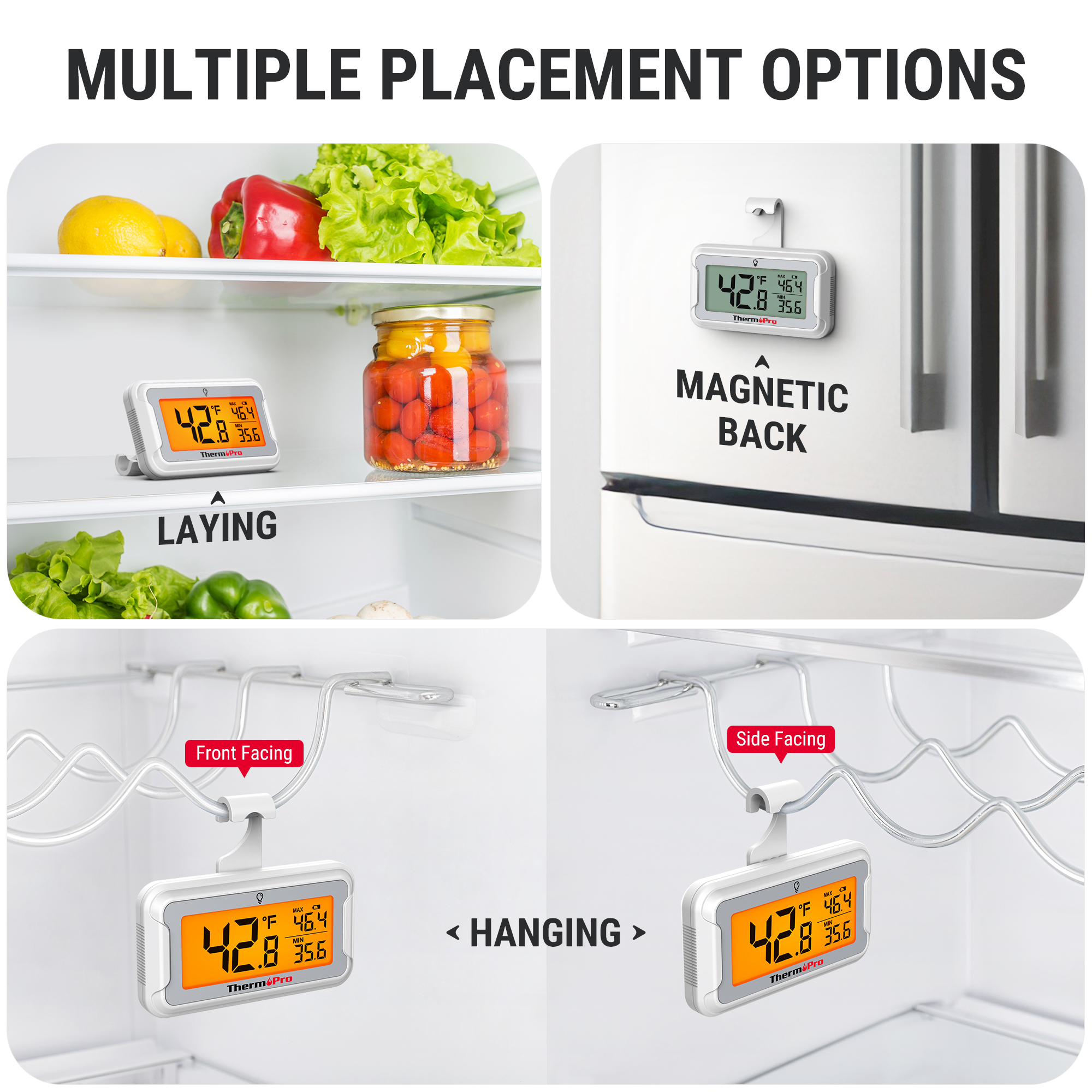 Refrigerator Thermometer Digital Refrigerator Freeze Room Thermometer Waterproof Large LCD Display Max/Min Record Function, White - View #2