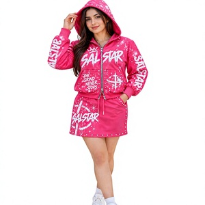 Women’s <b>Pink</b> Rhinestone <b>Hoodie</b> Skirt Set Custom Graphic Pullover <b>Hoodie</b> & Mini Skirt 2-Piece Streetwear Tracksuit Set - Product Image 1