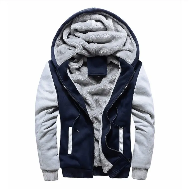 2021 Cotton Color block Plus Size Sport Erkek Mont Drawstring Warm Cardigan Velvet Men's Baseball Winter Jackets Men Hooded Coat