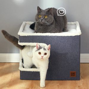 Lit <span class=keywords><strong>Cube</strong></span> <span class=keywords><strong>Chat</strong></span> Moderne Mignon avec Scratch Pad & Hideaway Tente Feutre Motif Couvert Cave Meubles pour Chats d'Intérieur - Product Image 2