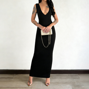 Robe maxi moulante sans manches, écologique, taille naturelle, élégante, col en V profond, couleur unie, extensible - Product Image 5