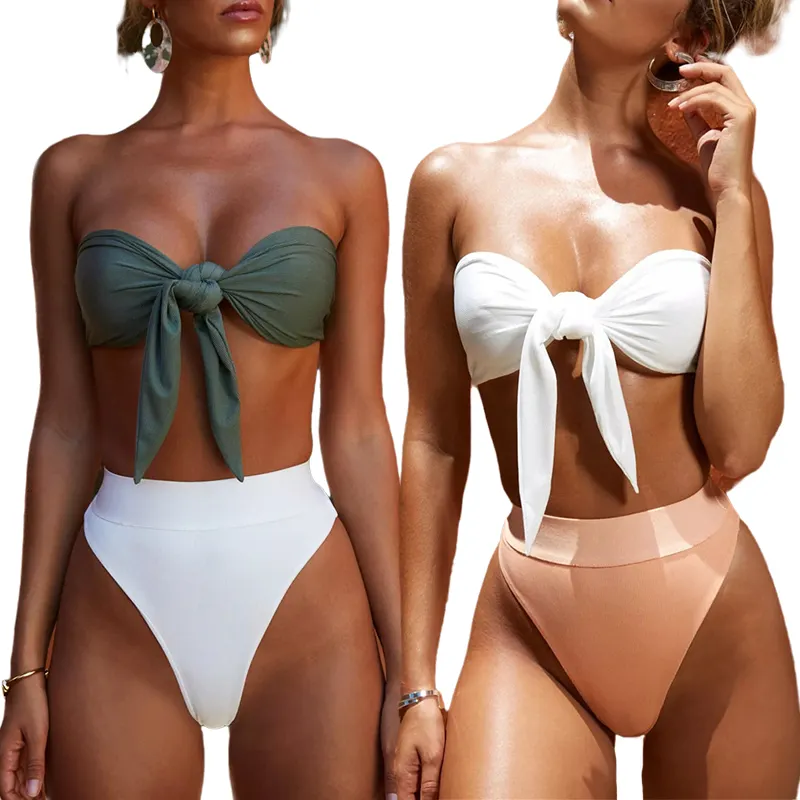 [IN STOCK] 2022 Wholesale Strapless Bandeau Bathing Suits For Women,Swimwear & Beachwear Sexy High Waist Bikini Swimwear