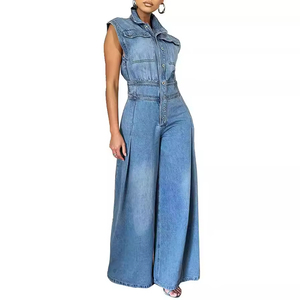 Tuta in Denim Casual ampia aderente da <span class=keywords><strong>donna</strong></span> pantaloni alti a gamba larga con colletto in piedi con bottone tinta unita pantaloni <span class=keywords><strong>Cargo</strong></span> estivi - Product Image 3