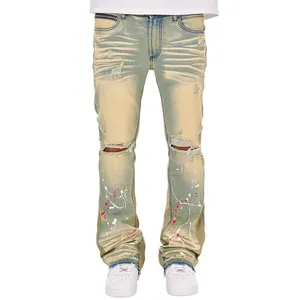 DiZNEW Hot Selling Flare Green Washed Men Ripped Jeans Tapered Men's Jeans Distressed Destroyed Holes Good Quality Men Jeans