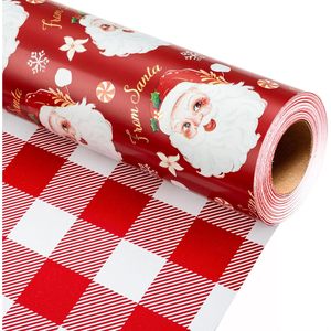 Papier d'emballage de Noël rouge réversible avec motif de grille du Père Noël, 17 pouces x 32,8 pieds, papier d'emballage pour cadeaux et artisanat - Product Image 1