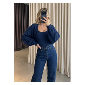 Women's <b>Navy</b> Blue Knitted Raglan Sleeve Bolero <b>Cardigan</b> Korean Style All Seasons Wear - Product Image 1