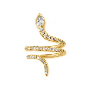 wholesale daily wear 925 sterling silver fashion jewelry 18k gold plated pave teardrop zircon head snake coil wrap ring