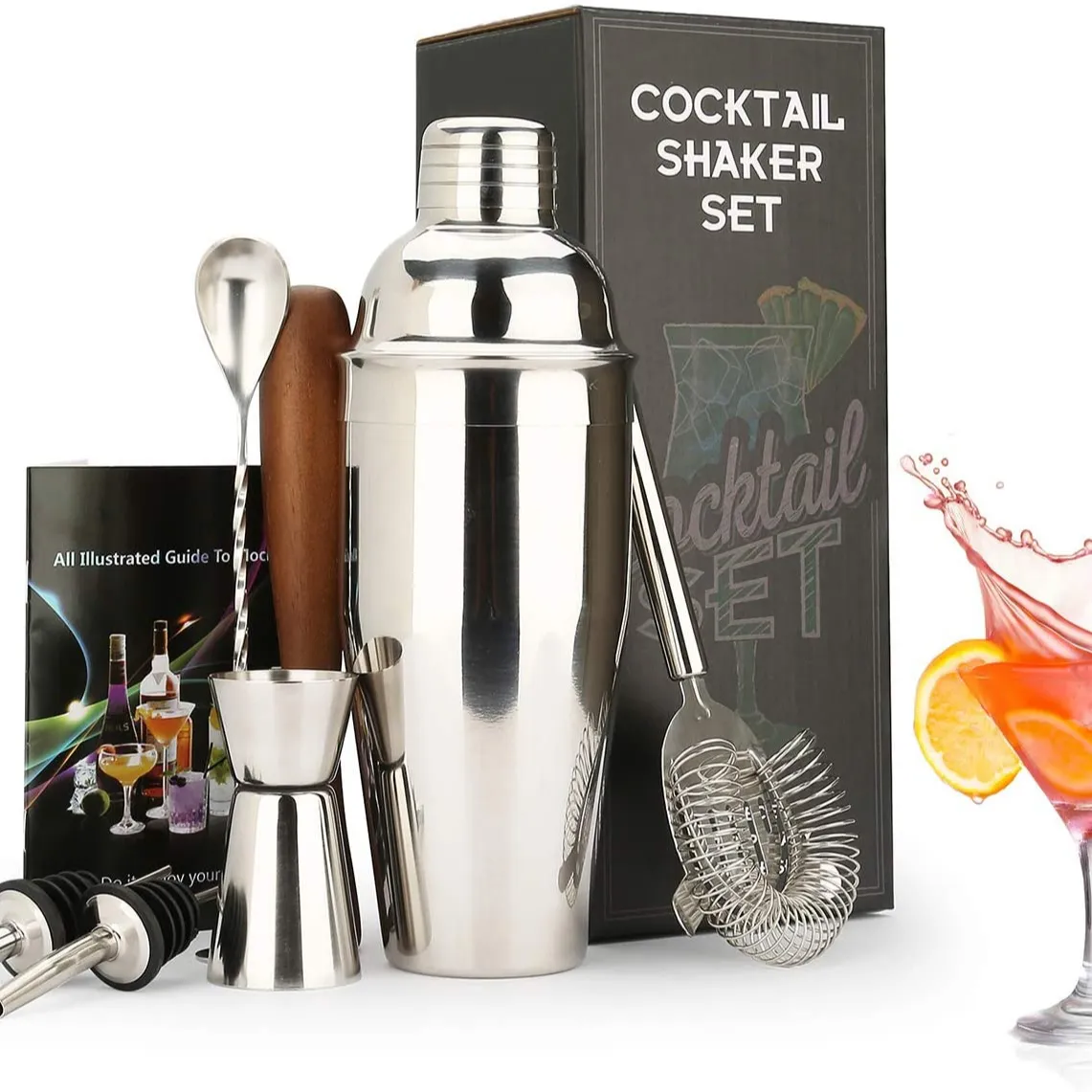 Conjunto de shaker coquetel, kit de bartender, 7 peças de aço inoxidável, conjunto de ferramentas de bar, estilo escandinavo, kit casa, diy, prata