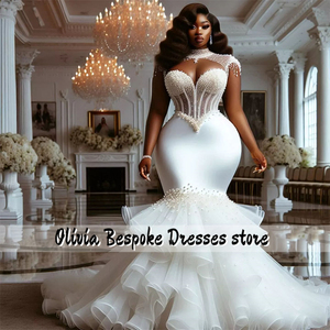 Atractivos Vestidos de Novia con Cuentas y Perlas 2025, Estilo Aso Ebi, Volantes en Capas, Cuello Alto, Sirena Africana, Blanco, Recepción, Personalizado - Product Image 2