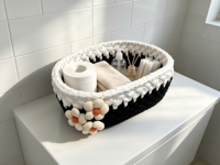 Panier de rangement en corde tressée à la main avec fleur décorative, noir et blanc, panier de rangement bicolore pour la salle de bain, pour serviettes et articles de toilette