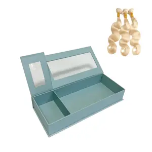 صندوق هدايا أزرق فاتح مخصص من kexin مع نافذة صندوق تعبئة شعر مستعار بجسم مغناطيسي مع حافظة