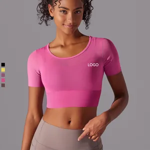 Grossistes en XW-7039 vêtements de sport logo personnalisé vêtements de gym col rond manches courtes vêtements de sport en maille haut de yoga pour les femmes