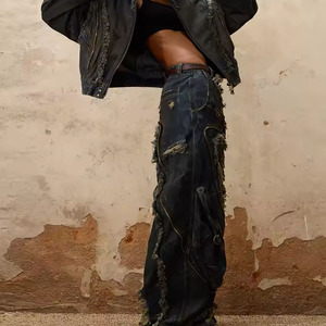 Custom Distressed Stonewashed Knitted Zipper Vintage Straight Leg Button Denim Pant Baggy Winter Print Jean <strong>Trouser</strong> <strong>Men</strong> - Product Image 2