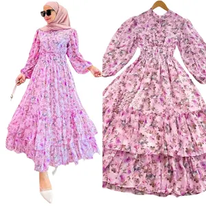 New Arrival Floral Printed Chiffon Stringy Selvedge Chiffon Breathable Long Dress Middle East Dubai For Muslim Abaya Cabaya