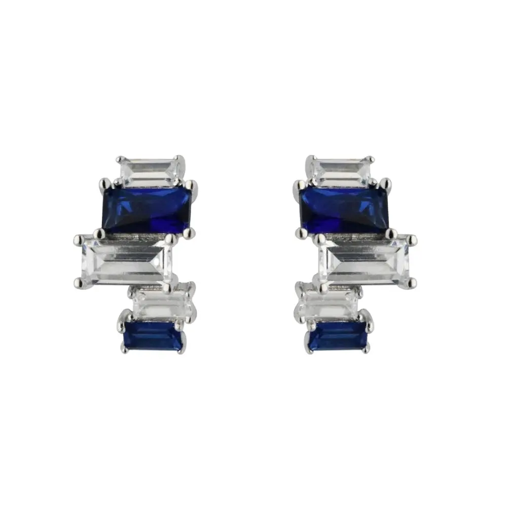 Nieuwe Stijlvolle Sterling Zilveren 925 Tweekleurige Geometrische Oorbellen Rechthoekig Blauw Synthetisch Saffier Oorknopje Diamanten Sieraden